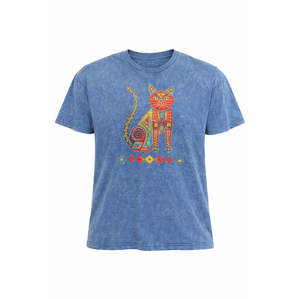 Vintage Style Blue Acid Wash Cat Graphic T-Shirt XL Folk Art Southwestern Tee